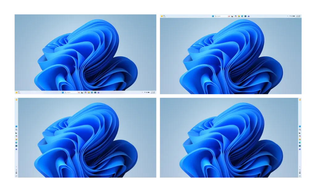 윈도우 11 작업 표시줄이 화면 상단, 좌측, 우측에 배치된 모습