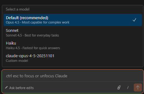 Claude Code에서 Default(Opus 4.5), Sonnet, Haiku 모델을 선택하는 드롭다운 메뉴